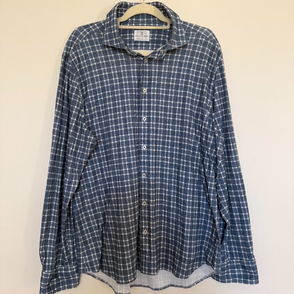 Emanuel Berg Plaid Modern Fit Long Sleeve Button Down Shirt Luxury Blue - XL
